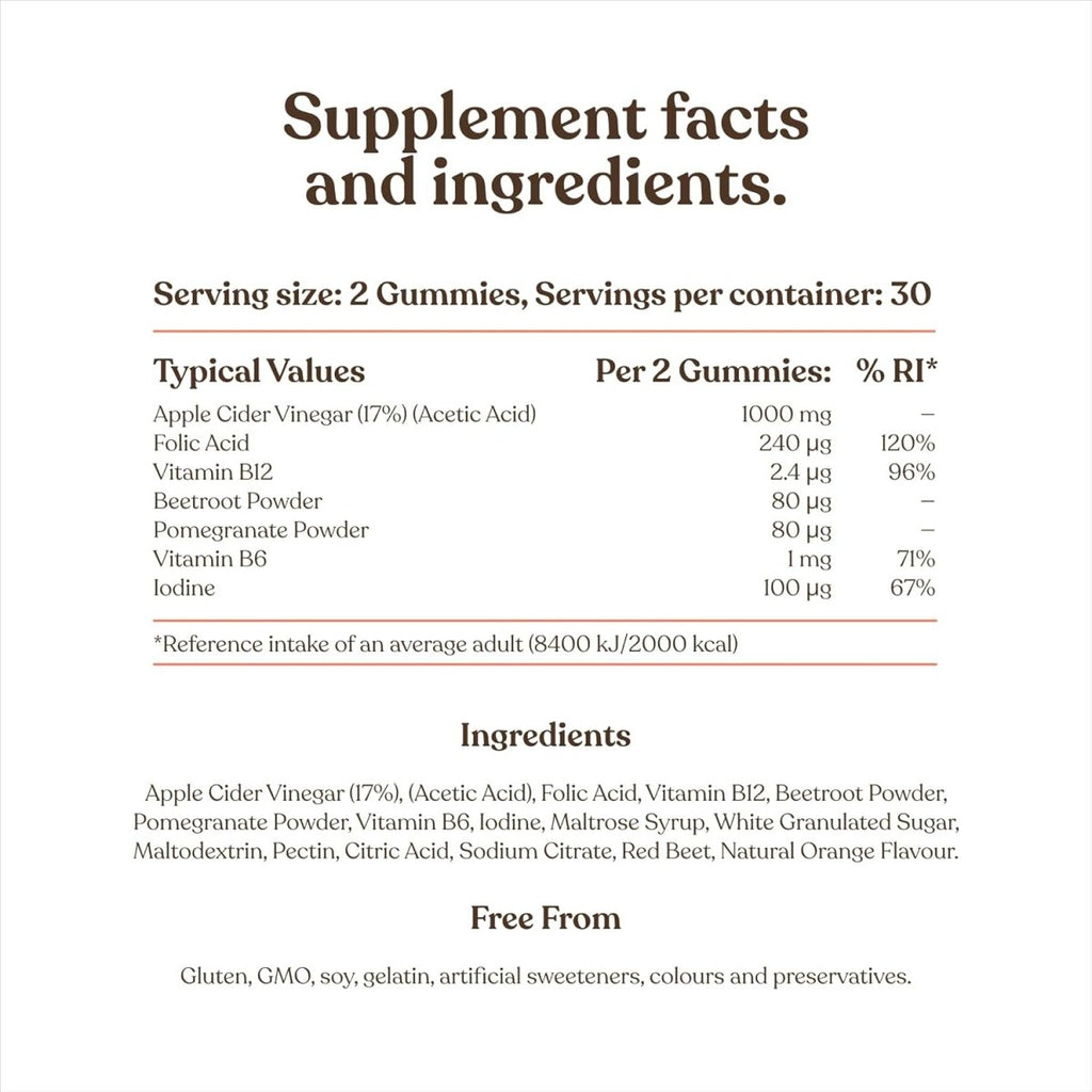 Apple Cider Vinegar Gummies with The Mother 1000mg | Enhanced with Vitamin B12 & Folic Acid