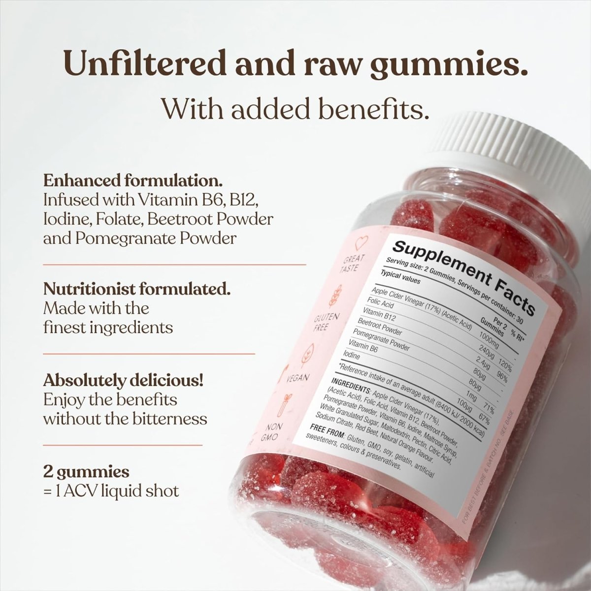 Apple Cider Vinegar Gummies with The Mother 1000mg | Enhanced with Vitamin B12 & Folic Acid