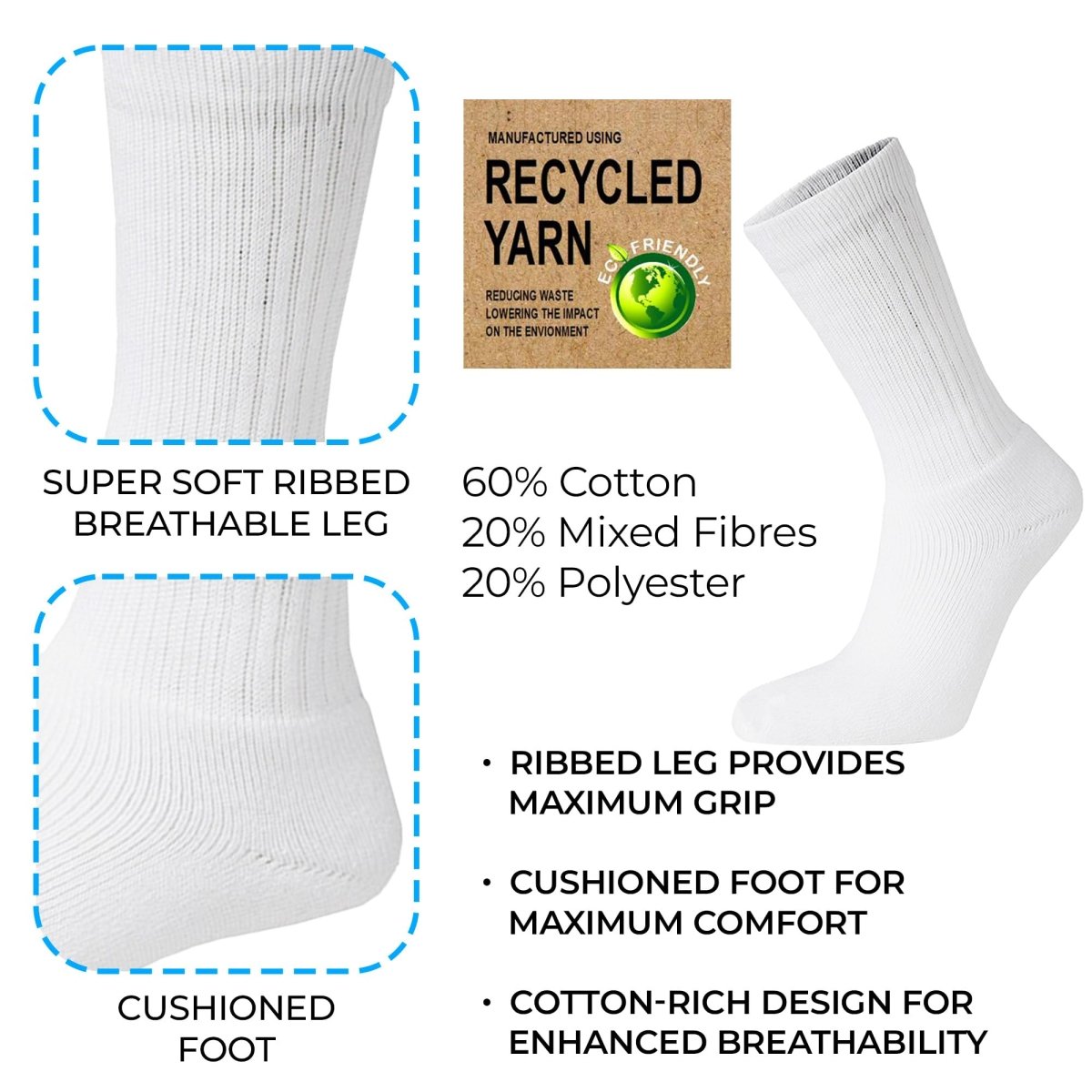 12 Pairs Mens Cotton Rich Sport Socks Work Socks Shoe Size 6-11 and Big Foot 12-14