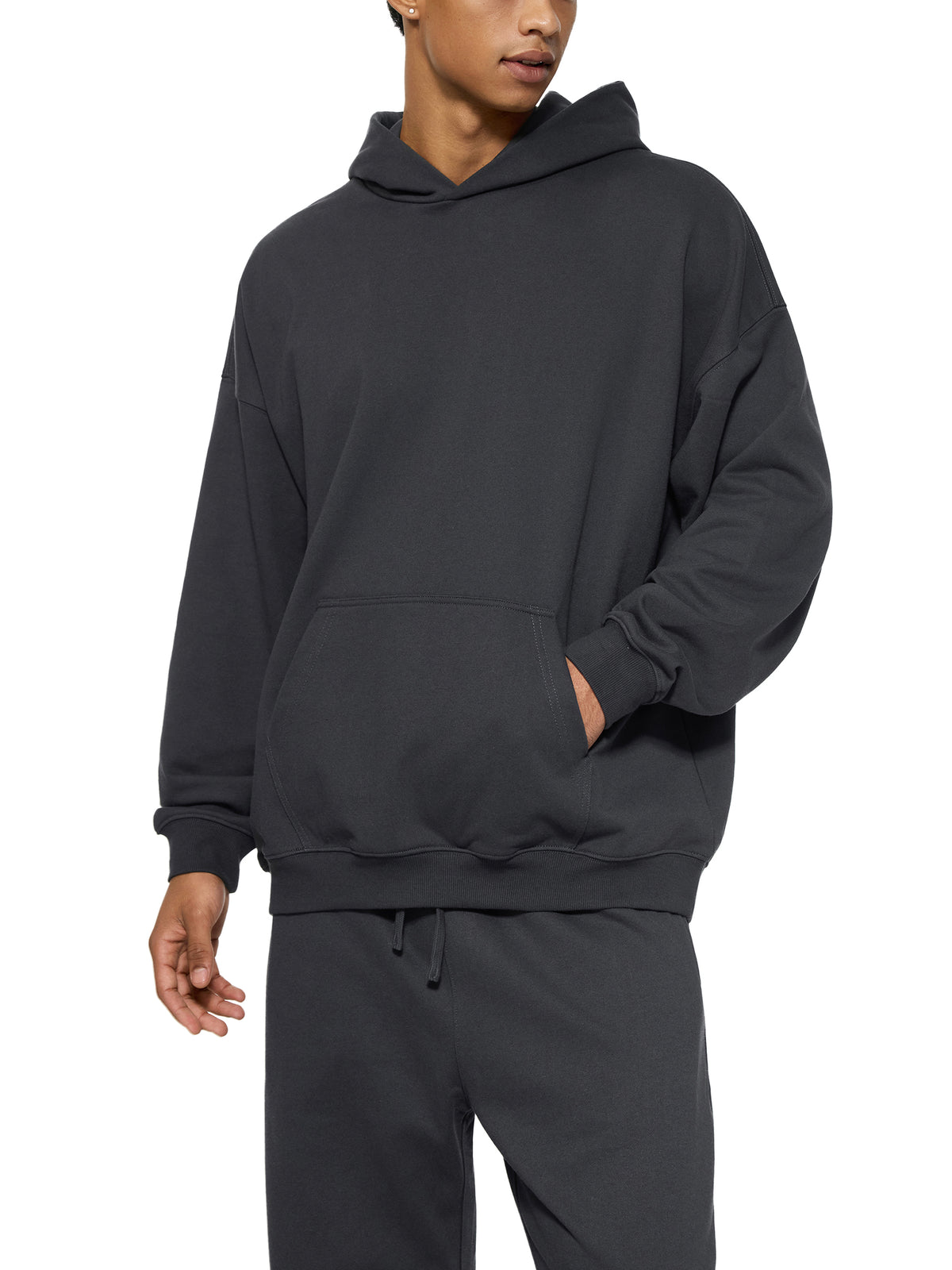 Dark Grey Essential Heavyweight Hoodie 'Finton' - three-quarter view on model