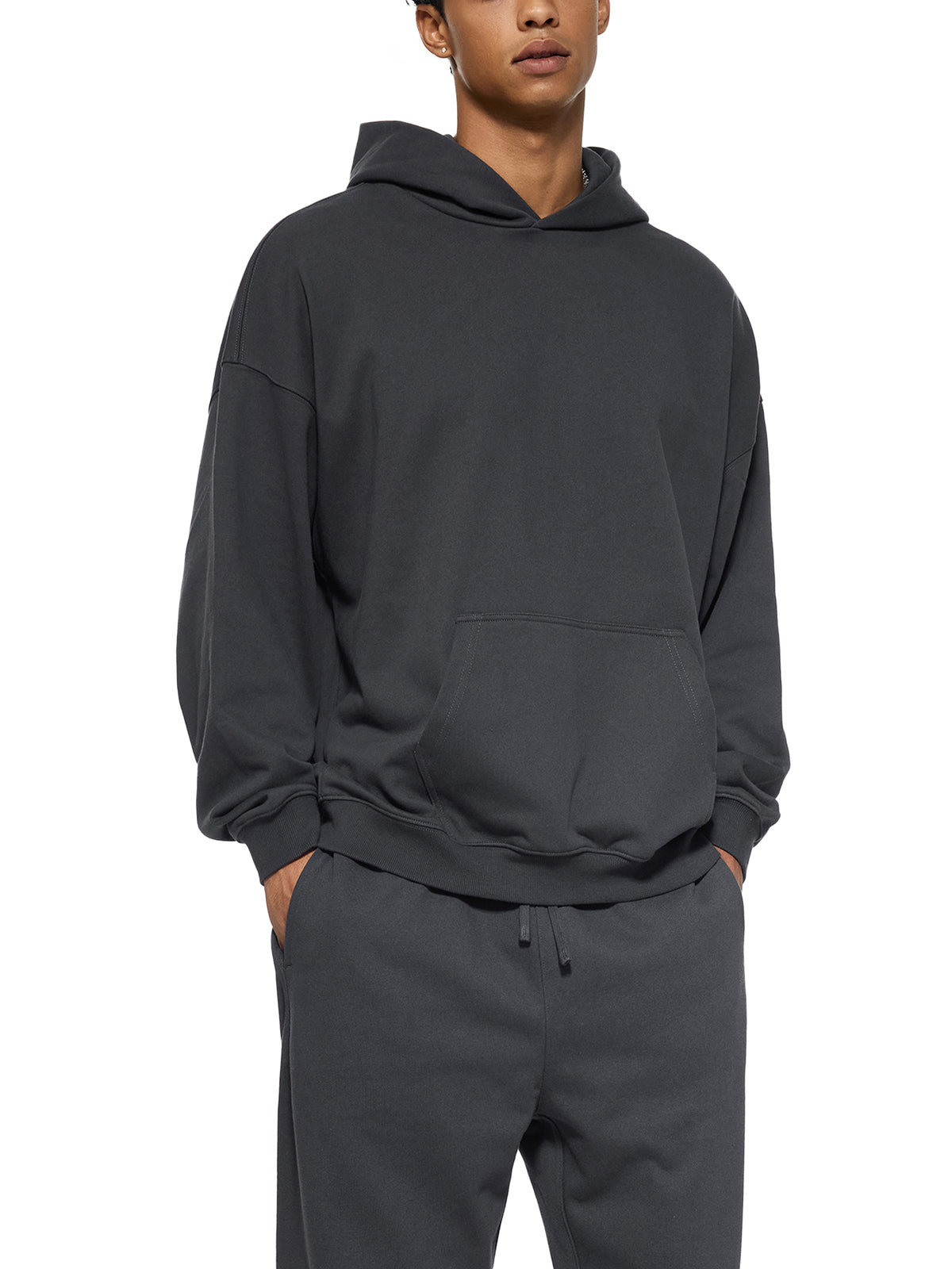 Dark Grey Essential Heavyweight Hoodie 'Finton' - front on model