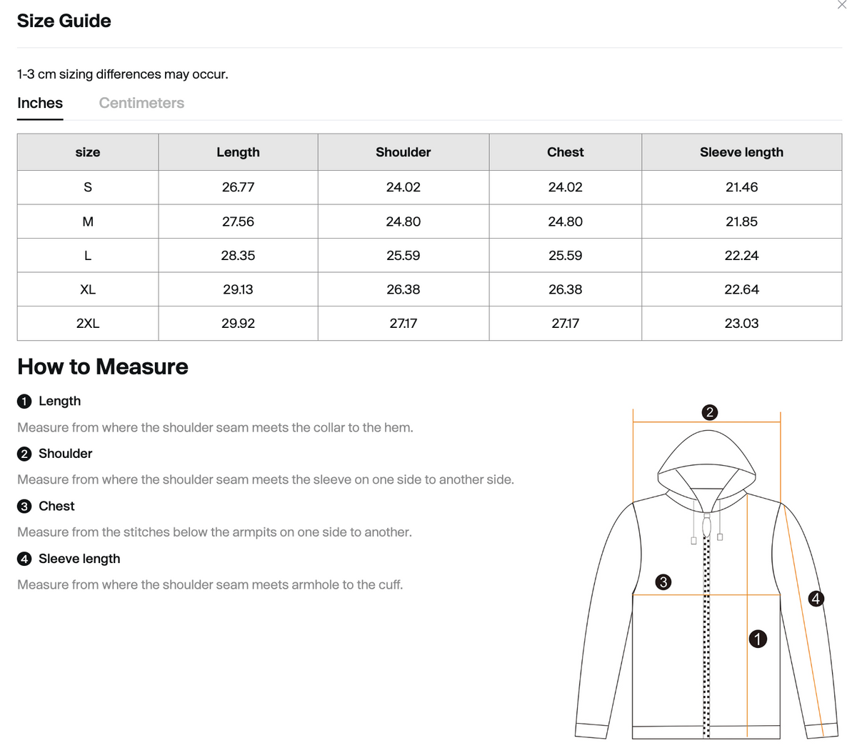 Heavyweight Pocket Hoodie 'Peckham' - size chart