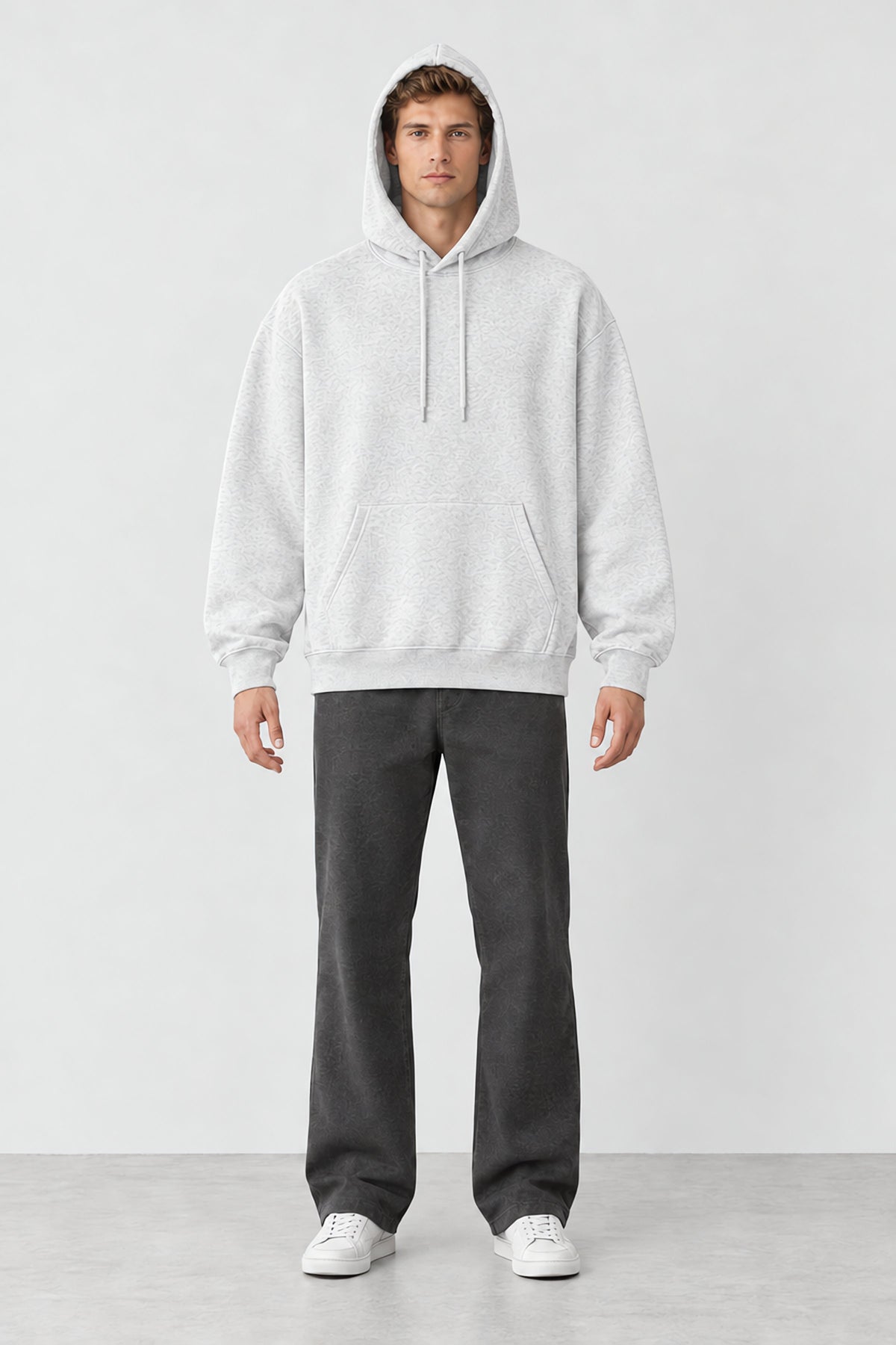 Flower Grey oversized wide hoodie - hood-up model front view