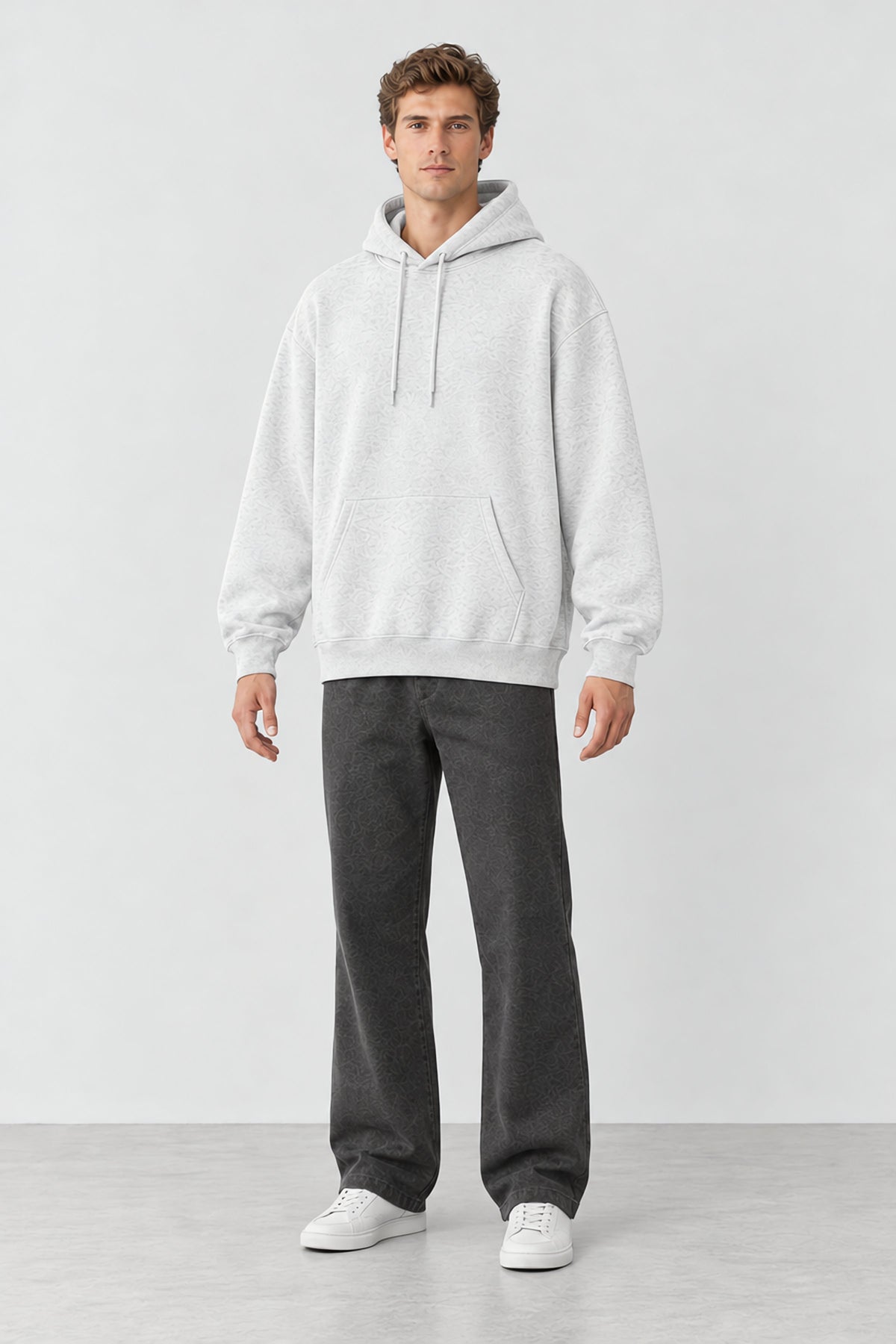 Flower Grey oversized wide hoodie - 6'2" model wearing size Large