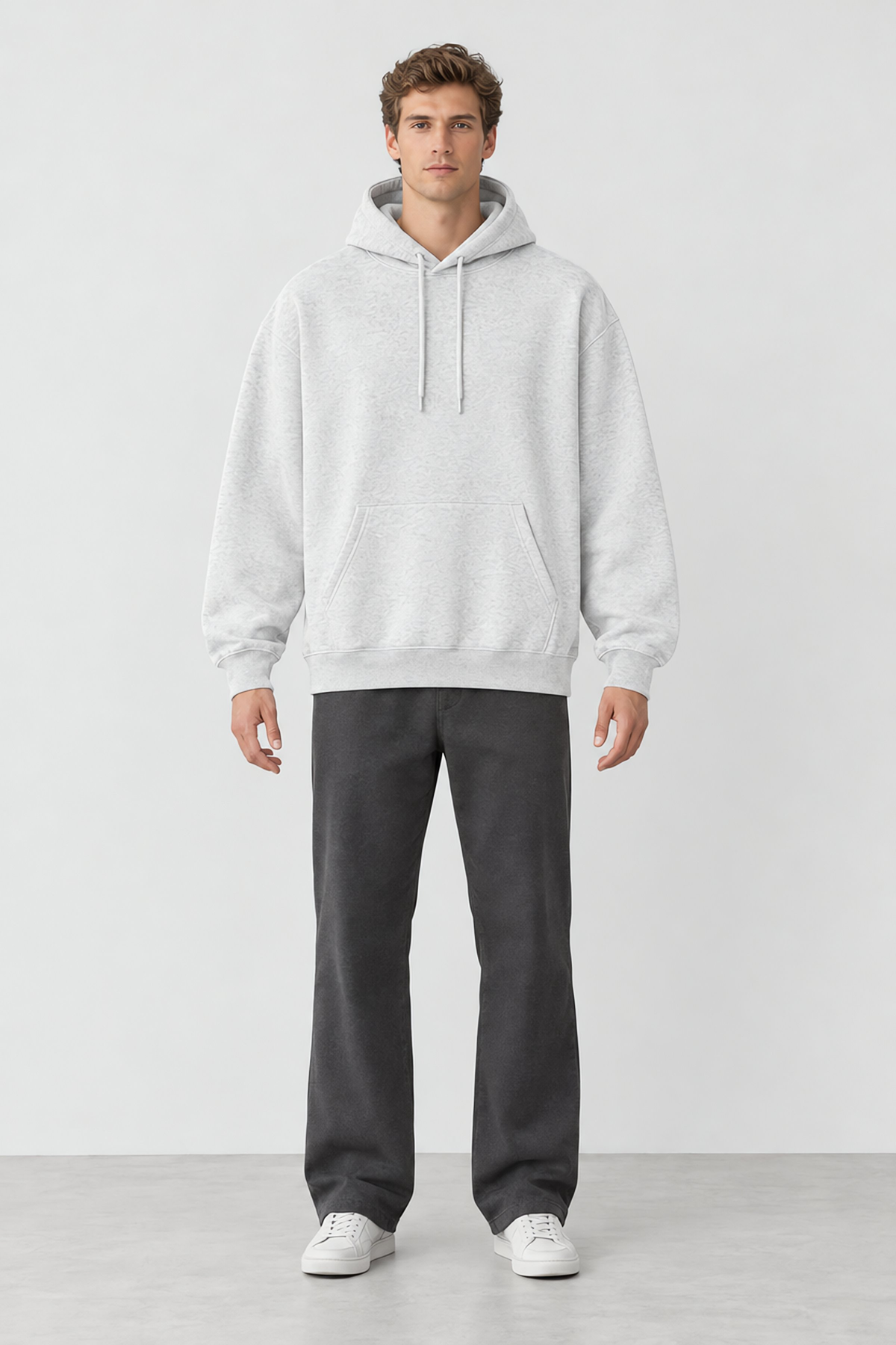 Flower Grey oversized wide hoodie - full length on 6'2" model wearing size Large
