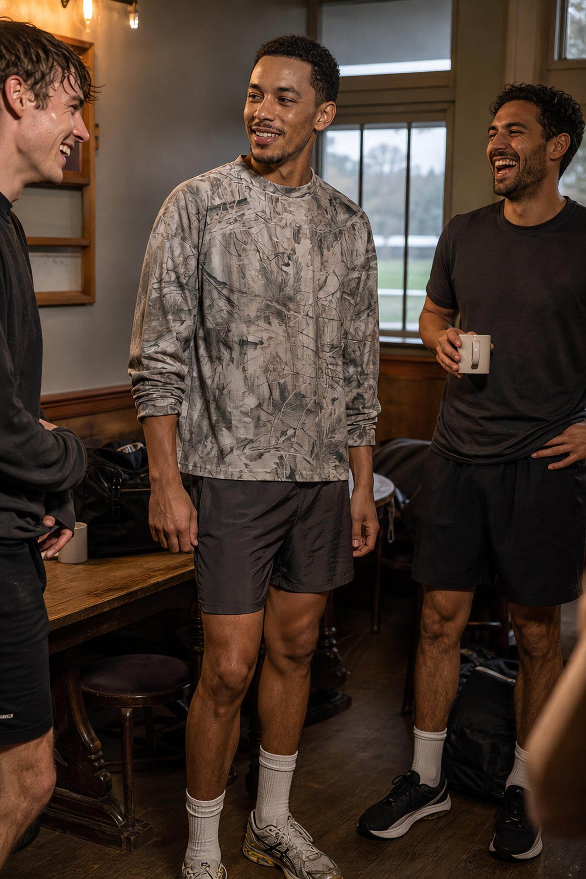 Grey camo oversized long-sleeve T-shirt - clubhouse mates, 6'2 model wearing size Large