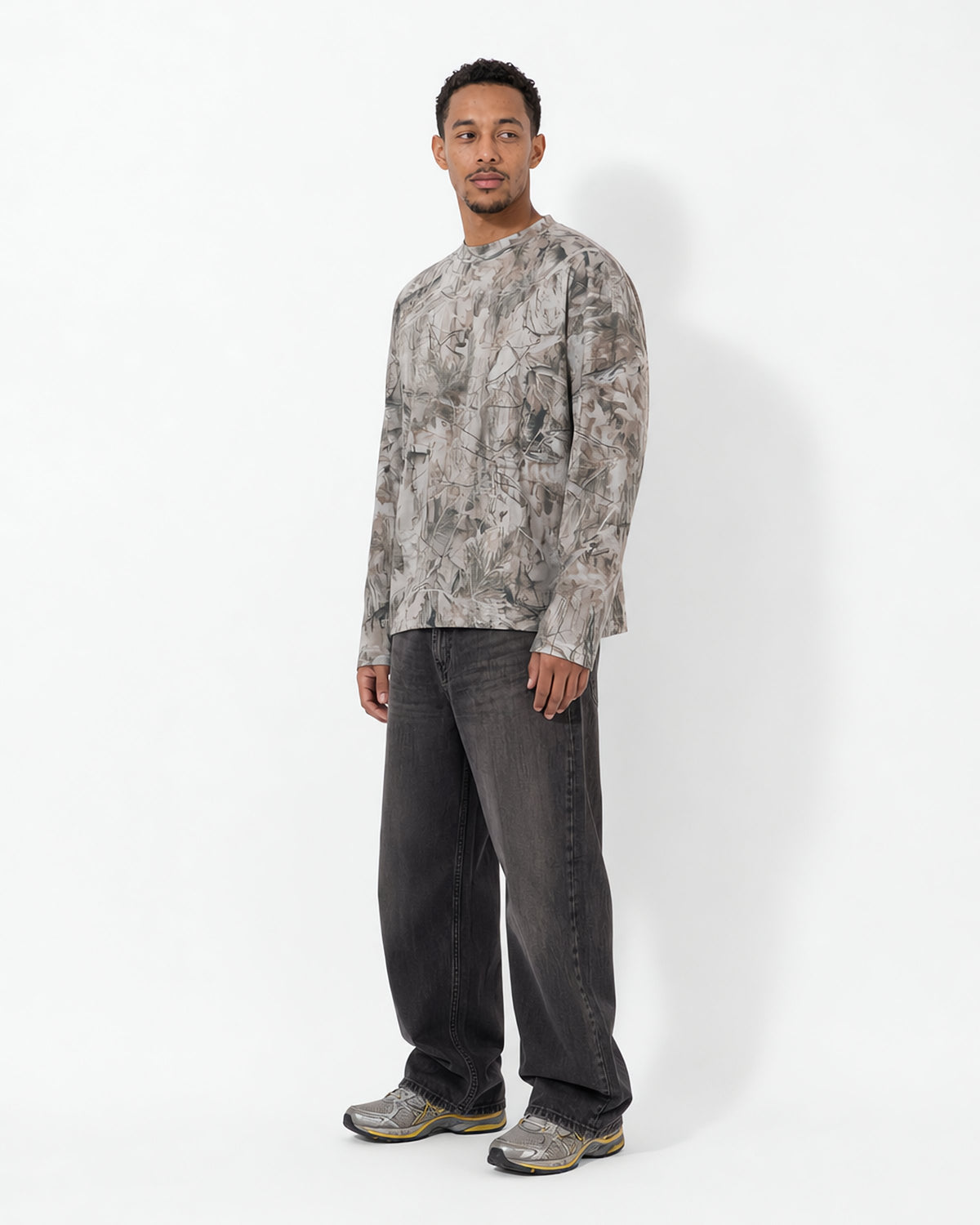 Grey camo oversized long-sleeve T-shirt - front-side three-quarter studio view