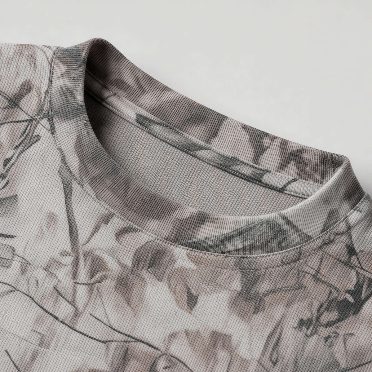 Grey camo oversized long-sleeve T-shirt - neckline rib and seam detail