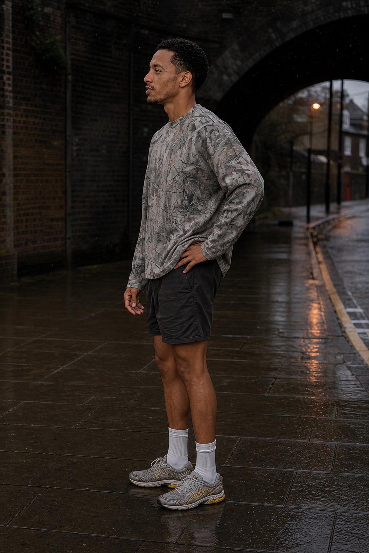 Grey camo oversized long-sleeve T-shirt - side view after a rainy run