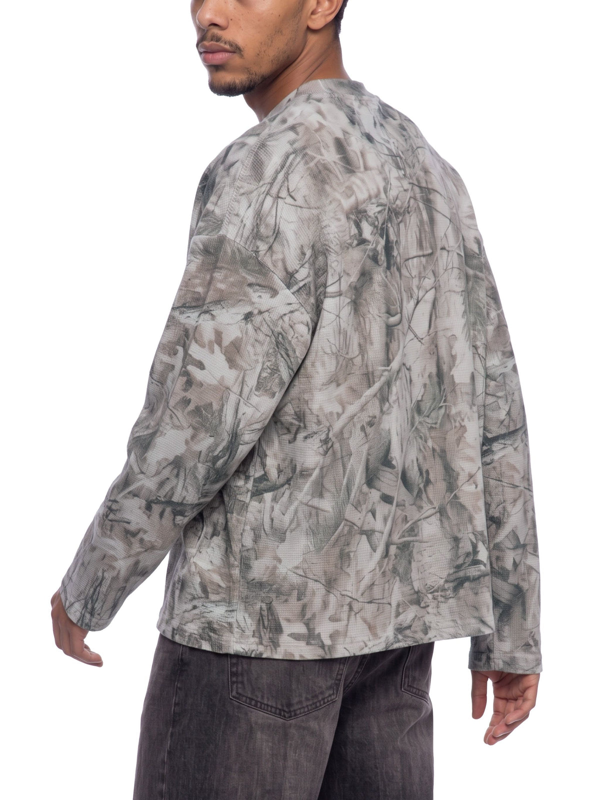 Grey camo oversized long-sleeve T-shirt - rear three-quarter view